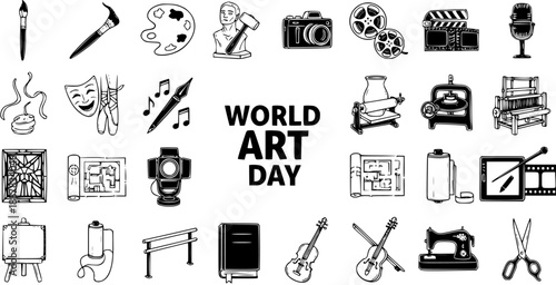 World Art Day Creative Arts and Crafts Black and White Line Art Icons Collection. Artistic tools, instruments, and symbols for culture and creativity.