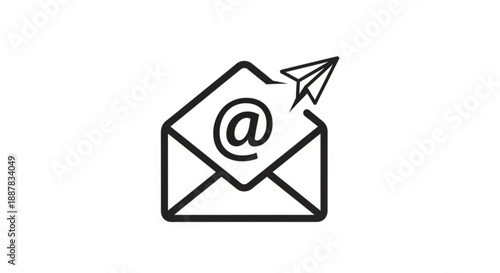 Black line icon of an envelope with an at sign and paper airplane