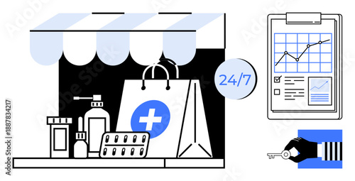 E-commerce, healthcare, online pharmacy, medical delivery, health business growth, accessibility. Pharmacy storefront with supplies, 247 symbol and data chart. E-commerce and healthcare services