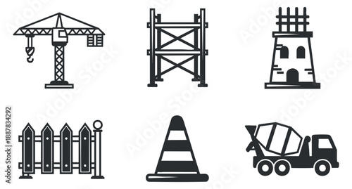 A collection of construction icons including a crane, scaffold, cement truck, and safety cone in black and white outline vector style, ideal for building and engineering projects