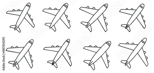 A set of eight outline airplanes in geometric vector style, ideal for travel and aviation-themed design projects