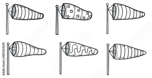 A set of six decorative windsock designs with various patterns in black and white outline vector style, perfect for event decoration and signage