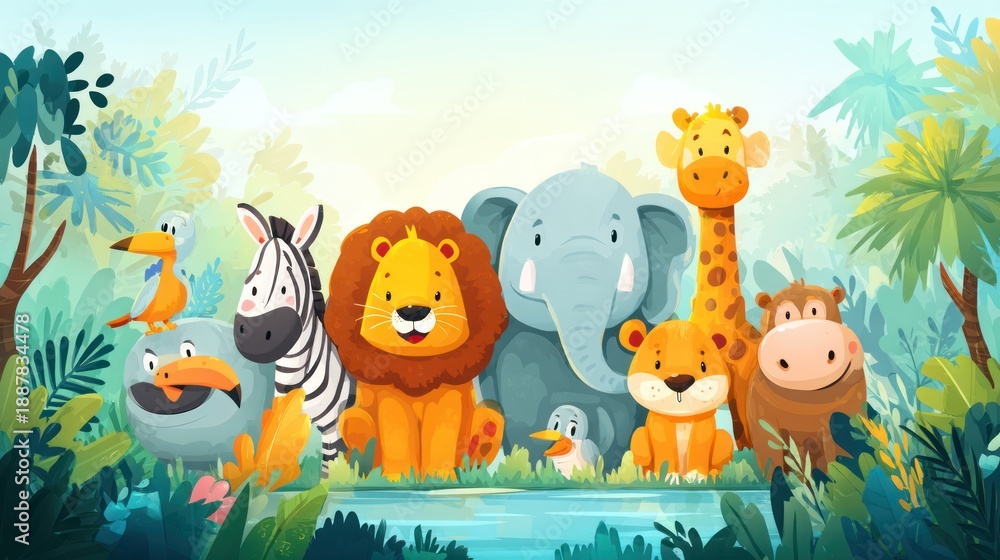Fototapeta premium Cute Cartoon Jungle Animals Gathering in Lush Green Forest.