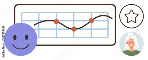Customer satisfaction, data analysis, performance tracking, user feedback, quality assessment, service improvement. Smiling face, line graph and icons. Customer satisfaction and data analysis