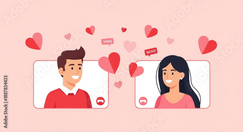 Couple video chatting with hearts and love symbols around them online