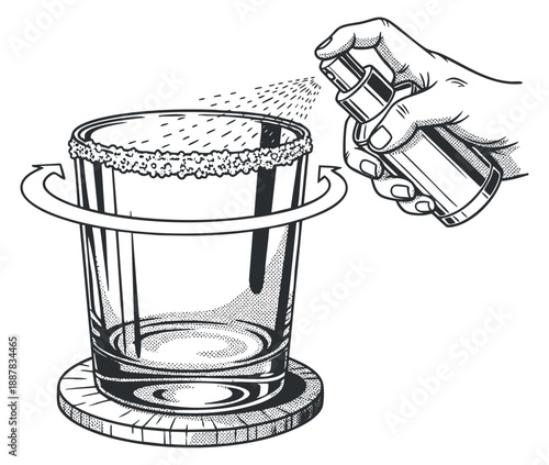 A hand spraying citrus onto a cocktail glass with a sugared rim in black and white outline vector style, ideal for bar menus and mixology graphics