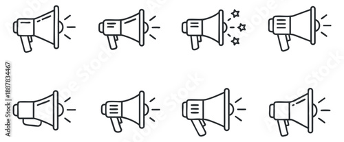 A collection of megaphone icons in minimalist black and white vector style, ideal for communication and marketing designs