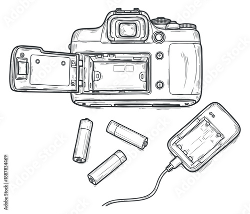 A camera with an open battery compartment and batteries beside it in outline vector style, ideal for photography-related projects