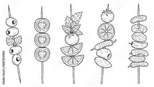 A collection of five skewers featuring olives, tomatoes, herbs, citrus slices, and assorted vegetables in black and white line art style, ideal for food menus and culinary designs