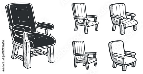 A collection of four armchairs in hand-drawn black and white sketch style, ideal for interior design projects