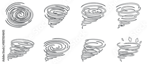 A collection of tornado and whirlwind illustrations in clean black and white outline style, suitable for weather-related designs