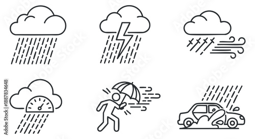 A collection of weather icons depicting clouds, rain, lightning, and a person with an umbrella in minimalist vector style, suitable for meteorological applications
