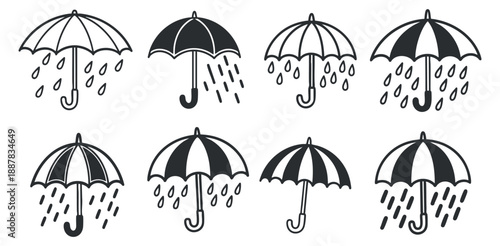 A set of eight umbrella icons in black and white outline style, perfect for weather-related designs and applications