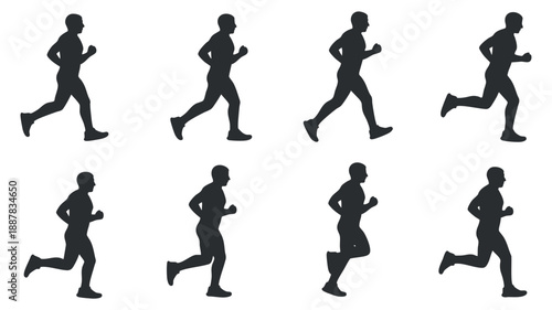 A collection of six silhouettes of a runner in various poses in black vector style, ideal for fitness and sports design