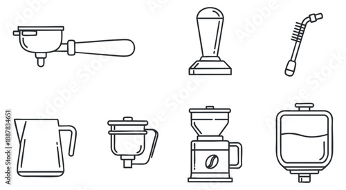 A collection of coffee brewing tools and equipment in minimalist outline vector style, perfect for cafe branding and logo design