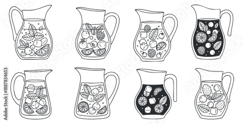 A collection of eight beverage pitchers filled with various fruits in black and white outline vector style, perfect for summer drink menus and refreshment branding
