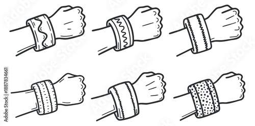A set of six hand-drawn wristbands in outline style, showcasing different designs and patterns, perfect for fashion and accessory branding