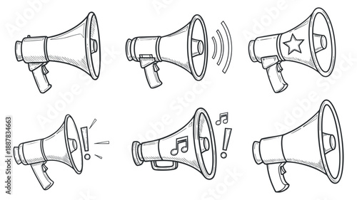 A set of six megaphones in outline style featuring different designs and sound effects, ideal for communication and event promotion