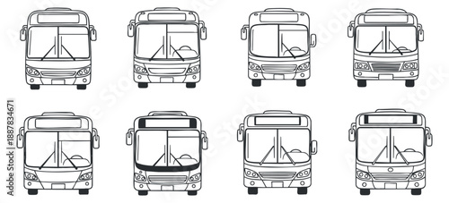 A set of six bus illustrations in clean outline style, suitable for transport-themed design and public transportation projects