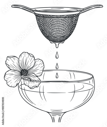 A kitchen strainer over a bowl with water dripping and a flower beside it in minimalist black and white vector style, ideal for culinary illustrations