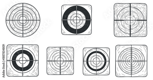 A collection of various target designs including circles and crosshairs in black and white outline vector style, ideal for graphic design projects