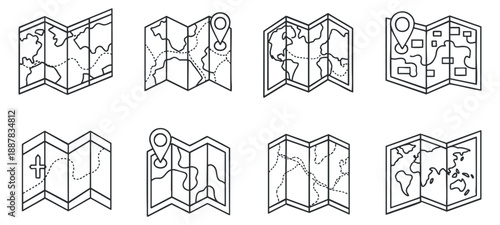 A collection of outline vector maps and navigation icons in minimalist style, suitable for travel and tourism projects