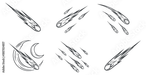 A set of comet and meteor illustrations in black and white vector style, perfect for celestial-themed designs and graphics