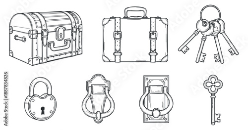 A collection of vintage keys, locks, and suitcases in black and white outline vector style, ideal for design and illustration projects