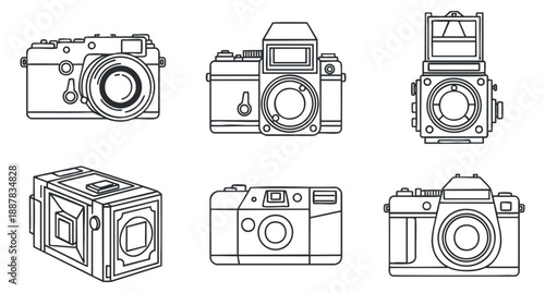 A collection of various camera designs in black outline vector style, suitable for photography-related projects and creative designs