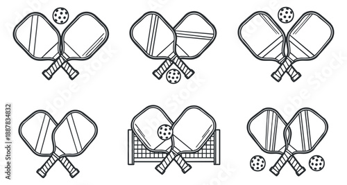 A collection of pickleball paddles and balls in black and white outline vector style, suitable for sports branding and recreational designs