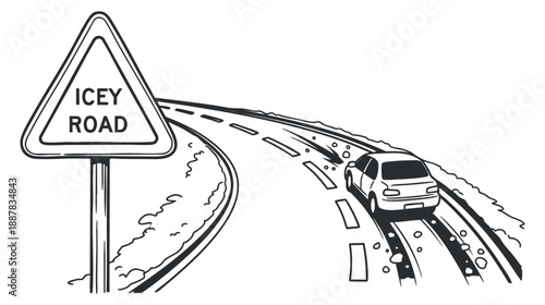 A road with an icy conditions warning sign and a car driving in black and white vector style, ideal for safety awareness campaigns