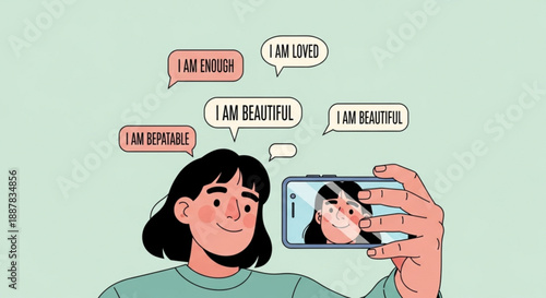 Woman taking selfie with positive affirmations around her