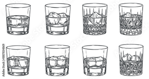 A collection of various glassware with ice cubes in black and white outline vector style, perfect for cocktail menus and bar branding