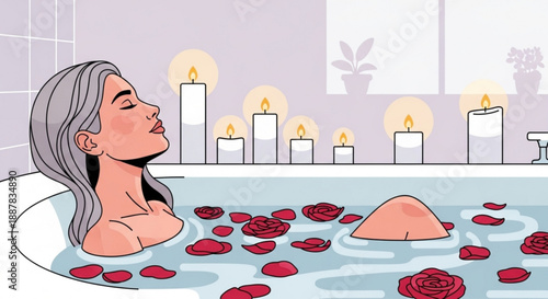 Woman relaxing in a bathtub surrounded by candles and rose petals