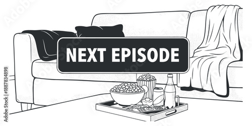 A cozy living room scene with a couch, blanket, snacks, and drinks, depicted in black and white outline vector style, perfect for entertainment or streaming themes