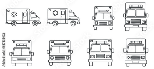 A collection of ambulance vehicles in outlined vector style, suitable for healthcare and emergency service projects.