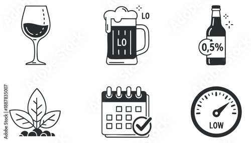 A collection of beverage icons including a wine glass, beer mug, soda bottle, plant, calendar, and low level gauge in minimalist black and white vector style, ideal for health and wellness themes