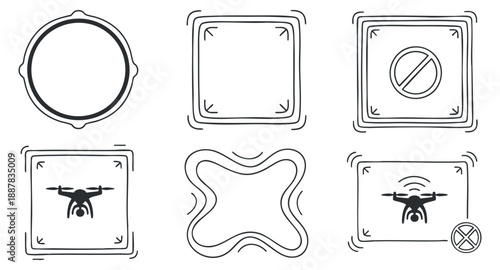 A set of drone icons in outline vector style, featuring various symbols for navigation and control, suitable for technology and digital projects