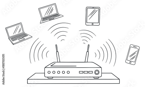A wireless router with multiple devices including laptops and smartphones in minimalist outline vector style, suitable for technology and networking projects