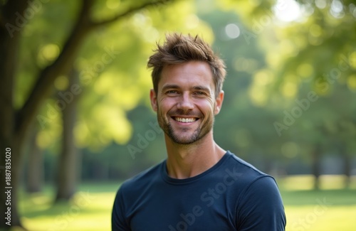 Smiling man with brown hair and blue t-shirt in a park. He enjoys leisure time outdoors, possibly listening to music or taking a call. Nature provides a green, sunny backdrop.