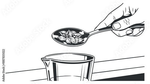 A hand measuring fresh herbs with a spoon in black and white minimalist vector style, ideal for culinary designs