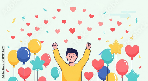 Man celebrating with raised arms surrounded by balloons and hearts