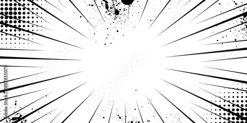 Comic book black and white radial lines background. Manga speed frame. Super hero action. Vector illustration.