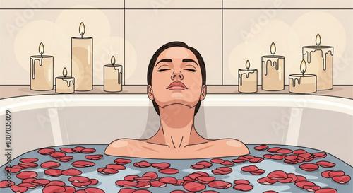 Woman relaxing in bathtub with red rose petals and candles