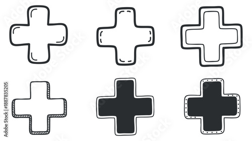 A set of six hand-drawn plus sign icons in black and white outline style, suitable for graphic design and web applications