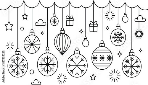 Christmas hanging ornaments line art vector illustration with baubles, snowflakes, stars and gifts, festive winter holiday decoration border design