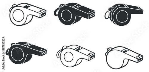 A set of six black and white whistle icons in minimalist vector style, ideal for sports and coaching applications