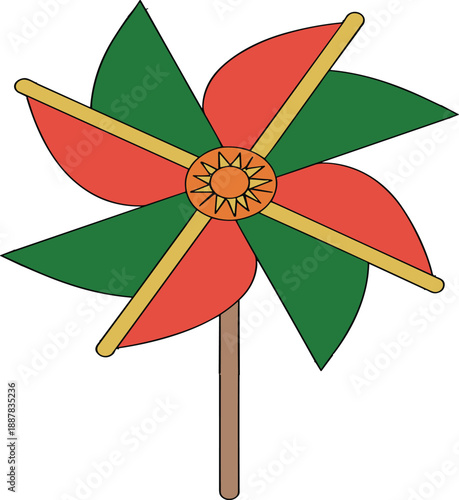 Colorful toy pinwheel vector illustration with red and green blades, playful windmill design for kids, summer fun and decorative graphics