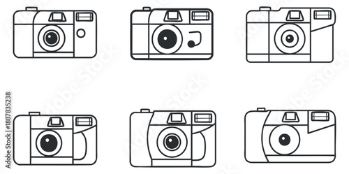 A collection of six vintage camera illustrations in black and white outline vector style, perfect for photography-themed design projects