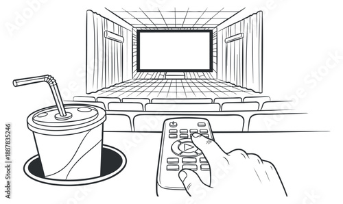 A hand holding a remote control with a cup of soda in a minimalist outline vector style, ideal for entertainment and movie-themed projects